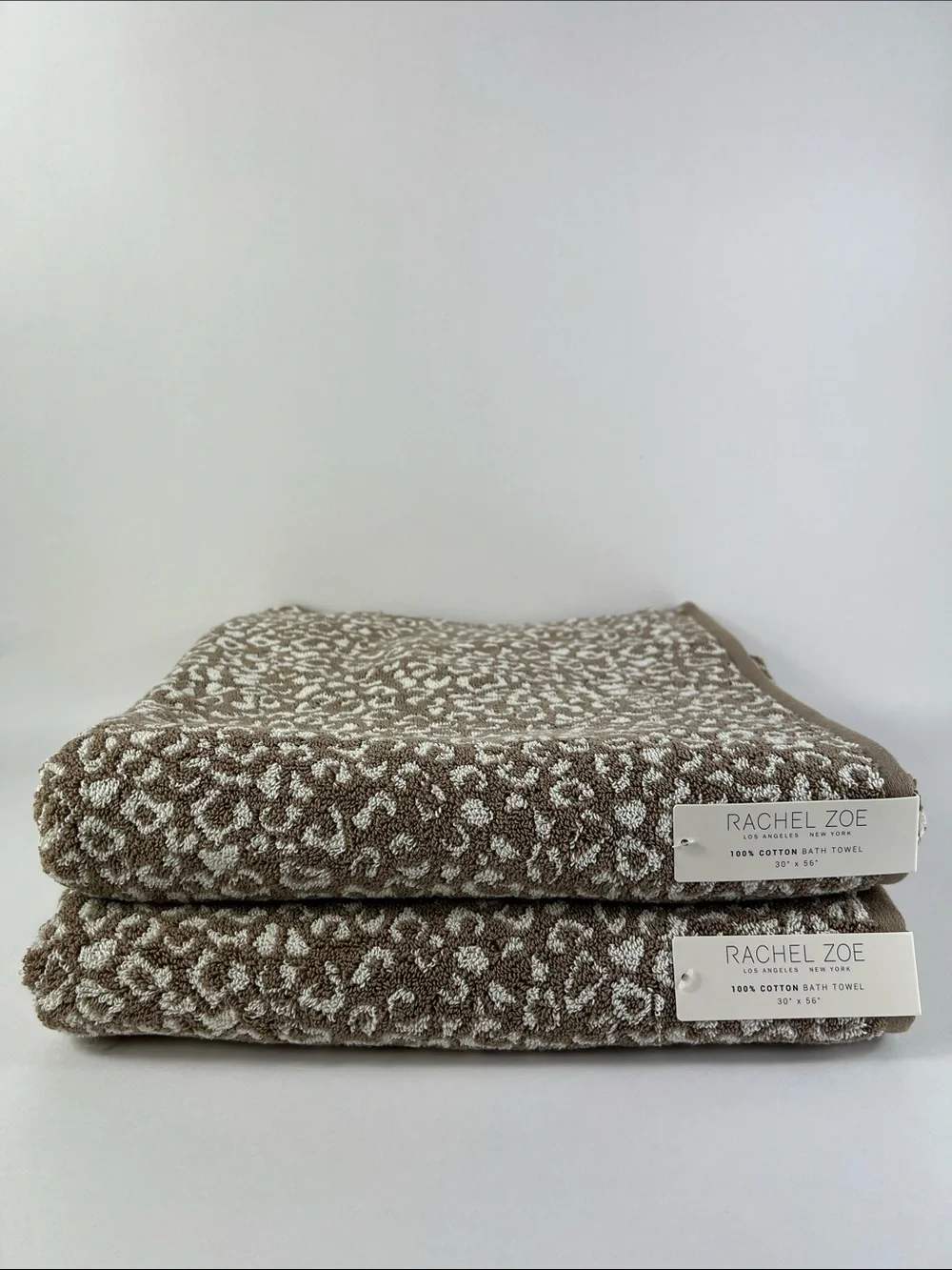 Rachel Zoe Bath Towels Brown Tan Cream Leopard Animal Print 100% Cotton 2 Pc NEW